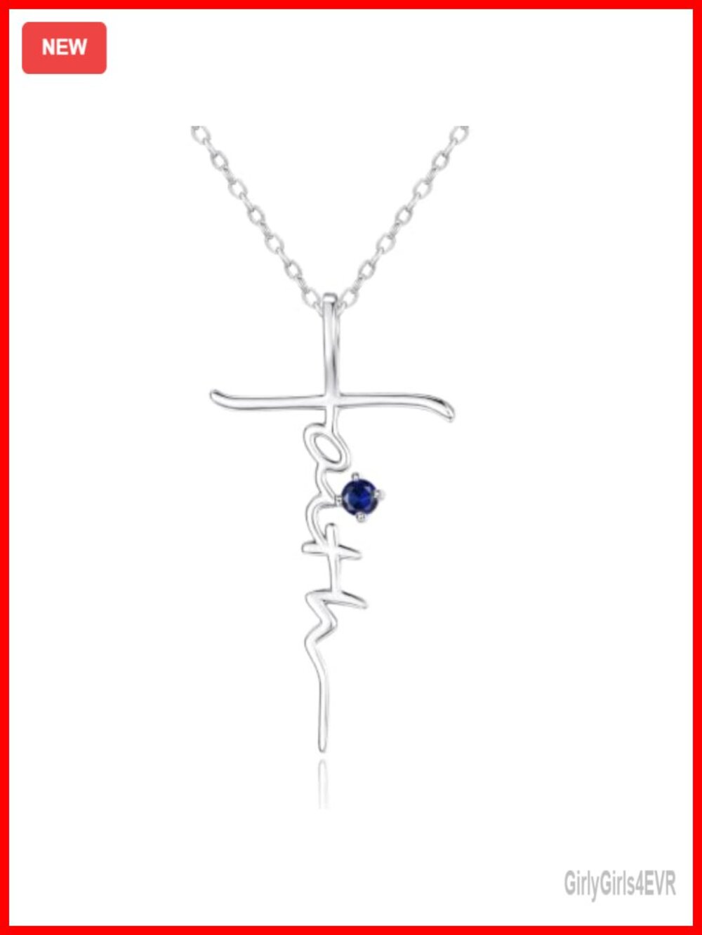14K White Gold Plated Faith Cross Pendant Necklace with Sapphire Women's
